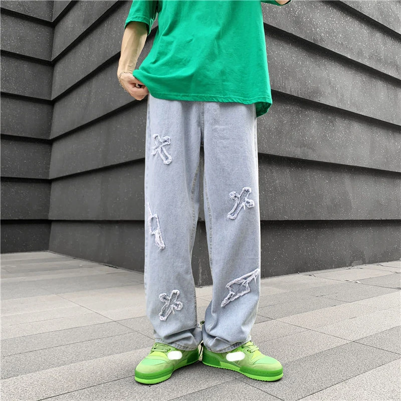 

Men's Fashion Embroidered High Street Straight Mopping Trousers Biker Vintage Y2K Clothes Streetwear Relaxed Slim Fit Jeans Men