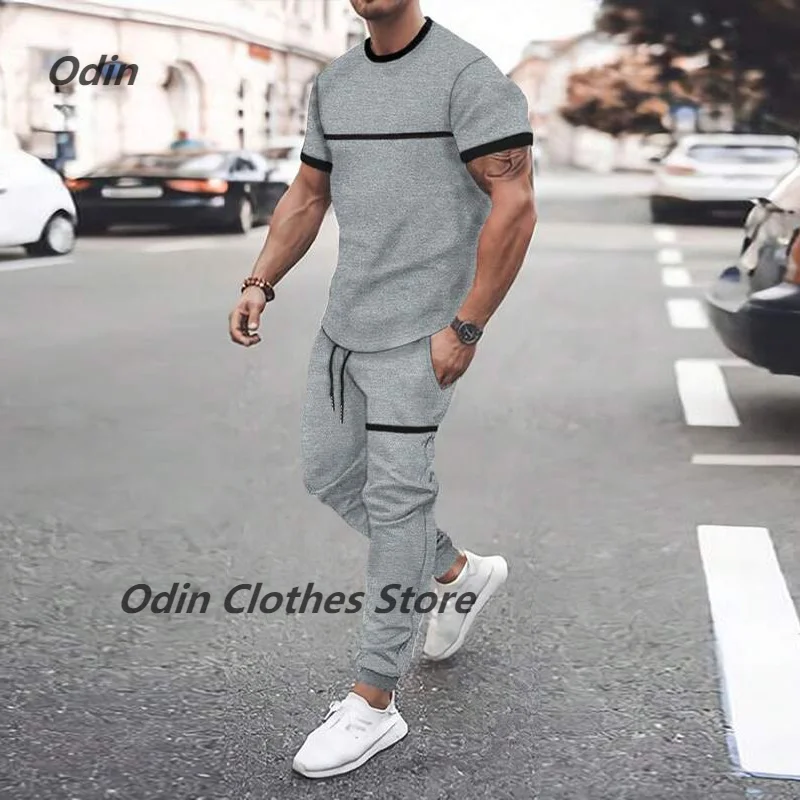 New Men Fashion Sportswear Set Men\'s Streetwear Short Sleeve T Shirt+Long Pants 2 Piece Trousers Tracksuit For Male Clothing