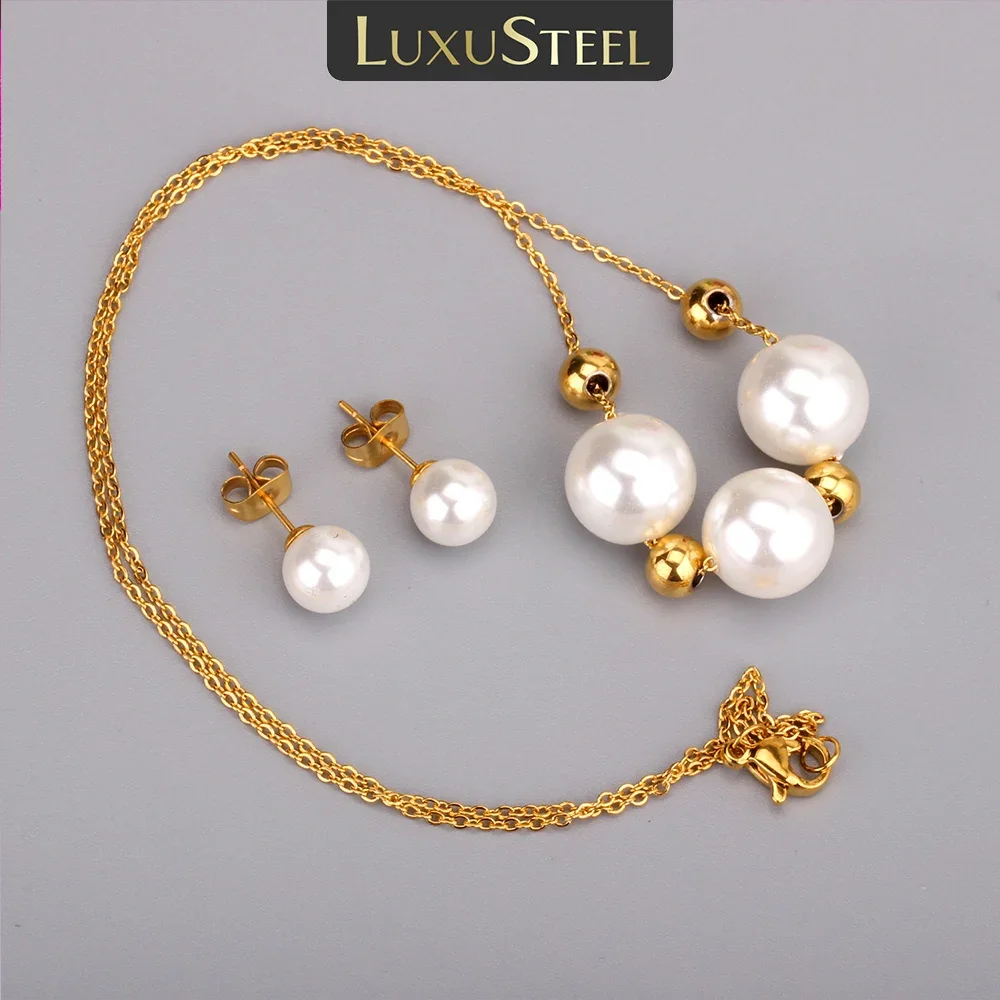 LUXUSTEEL Imitaiton Pearl Round shaped Pendants Necklace Earring Sets For Women Girl Stainless Steel Chain Necklace Jewelry Gift