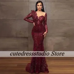 Formal Burgundy Party Dresses Luxury Dubai Beading Mermaid Wedding Evening Gowns Long Sleeves Vestidos De Gala 2024