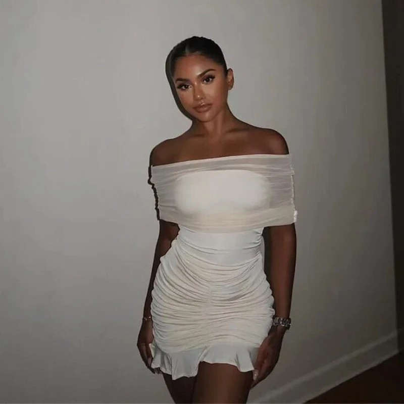 Mingmingxi 夏オフショルダーの女性のドレス 2025 新着ミニボディコンメッシュドレスセクシーなパーティーナイトドレス