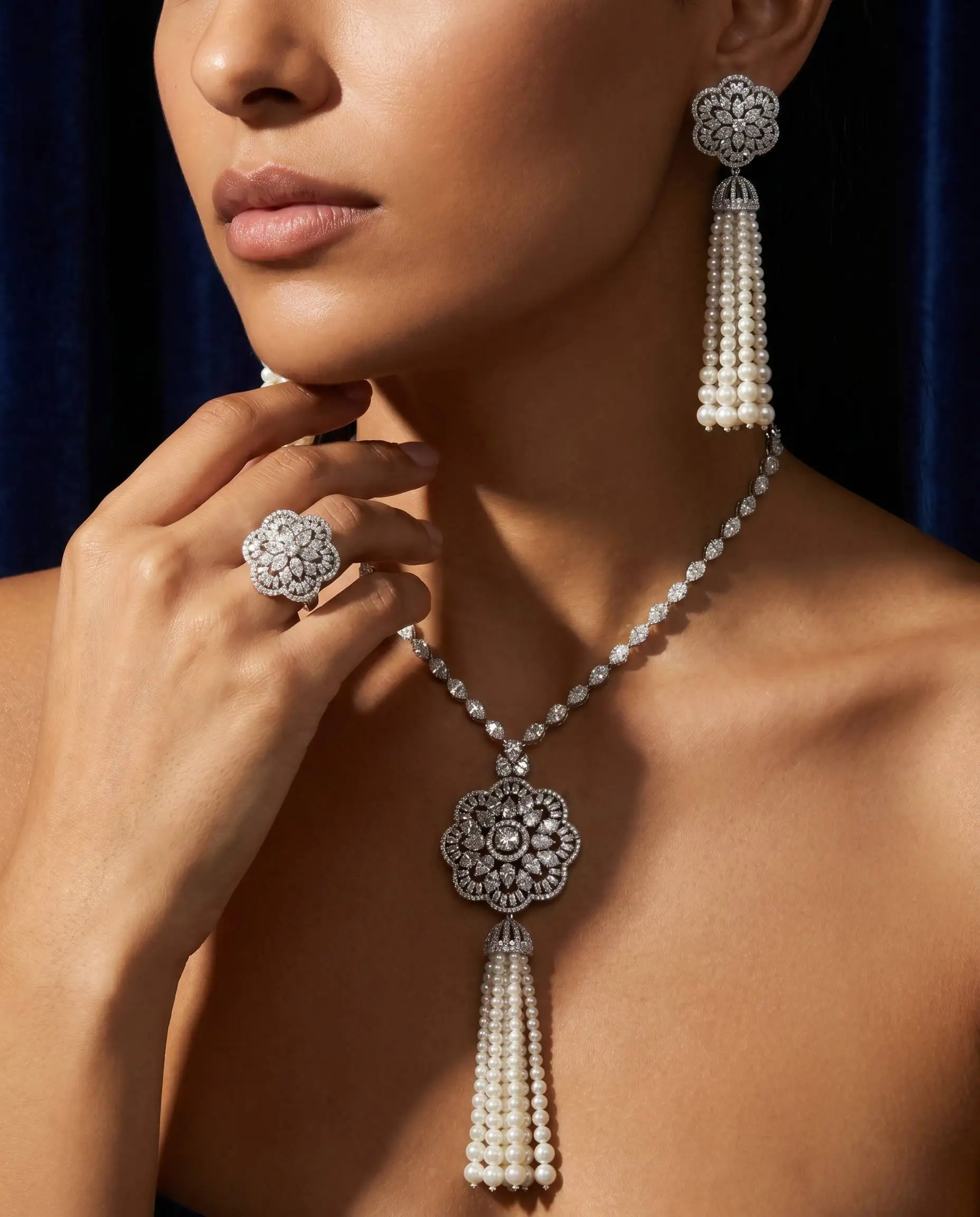 Bride Talk Luxury 3PCS Pearl Tassel Fringe Jewelry Set Flower Floral Medallion CZ Zirconia Dubai African Wedding Accessories