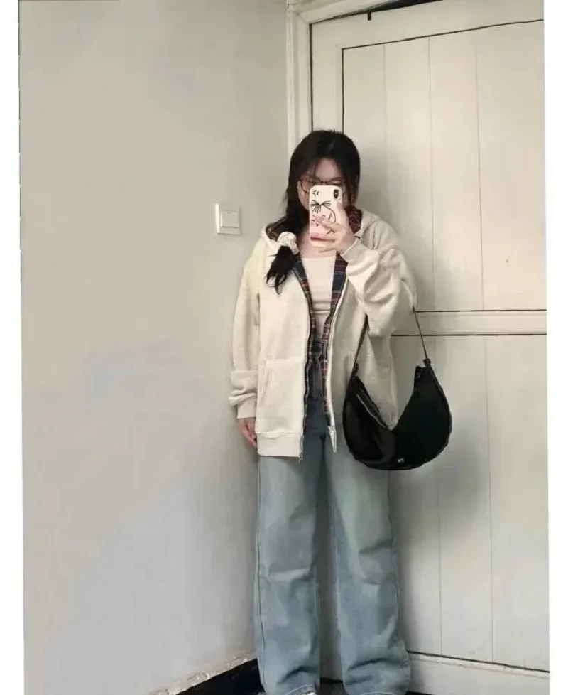 

Зимняя повседневная толстовка в клетку с принтом, женская теплая двусторонняя толстовка на молнии, женская модная модная свободная толстовка с капюшоном, новинка 2023 г.