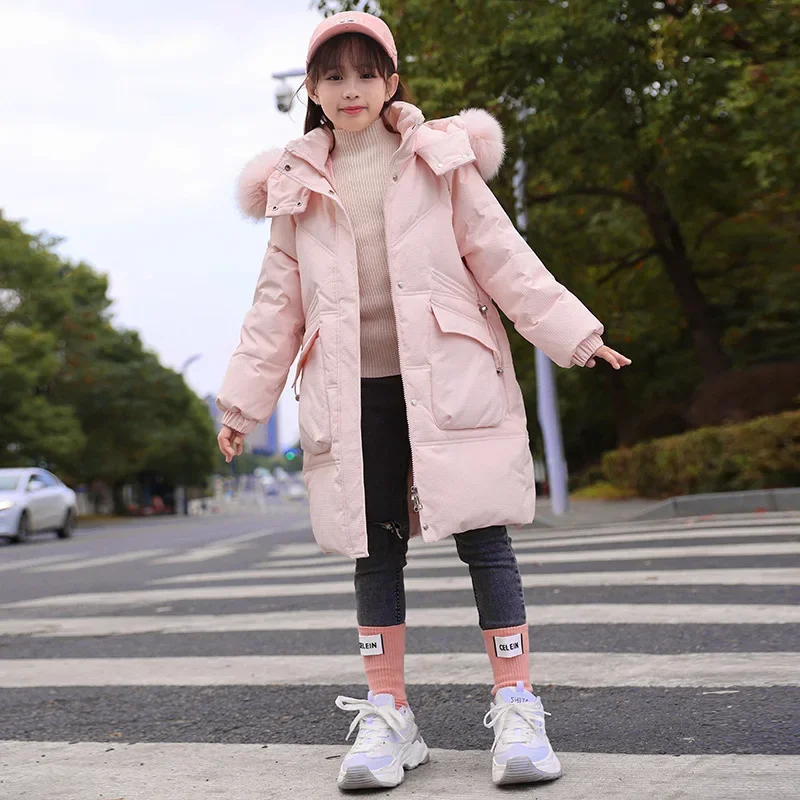 Children Down Jacket 20234 Winter New Mid Length Korean Thickened Girls Down Jacket White Duck Down