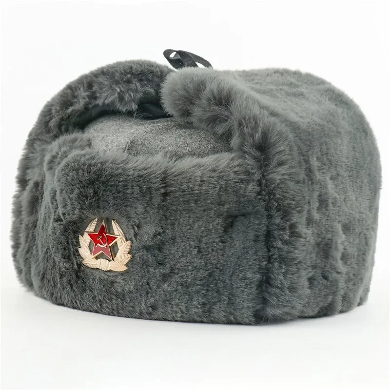 Unisex Badge Wool Felt Hat Outdoor Winter Thick Fleece Lined Warm Ear Cover Cotton Cap EU US
