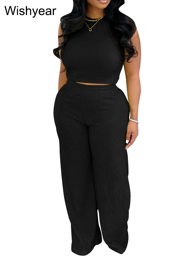 Damenmode 2-teiliges Set ärmelloses O-Ausschnitt Crop Top mit weiten Beinhosen Streetwear Casual Herbst Sport Outfit Trainingsanzug 2025