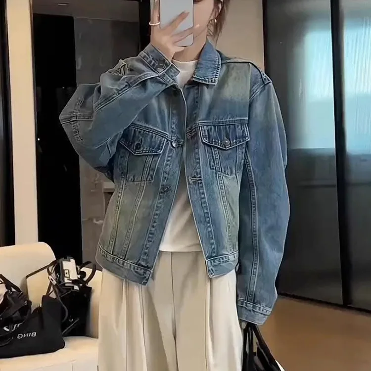 

Denim Coat Women Washed Jacket Outerwear Pockets Single Breasted Turn Down Collar 2025 Autumn Vintage Streetwear Overcoat