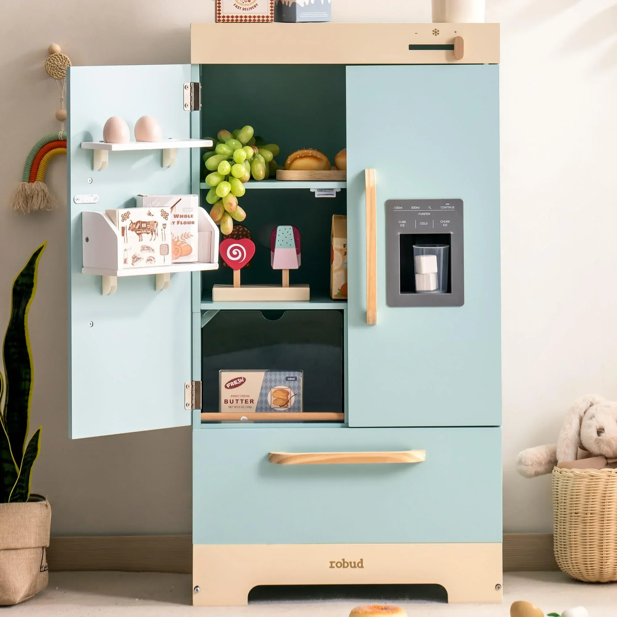 Robud Kitchen Washer Playset Play Kitchen Set Fridge Refrigerator Play Toy Oven Wooden Kitchen Playset for Kids Age 3+Blue