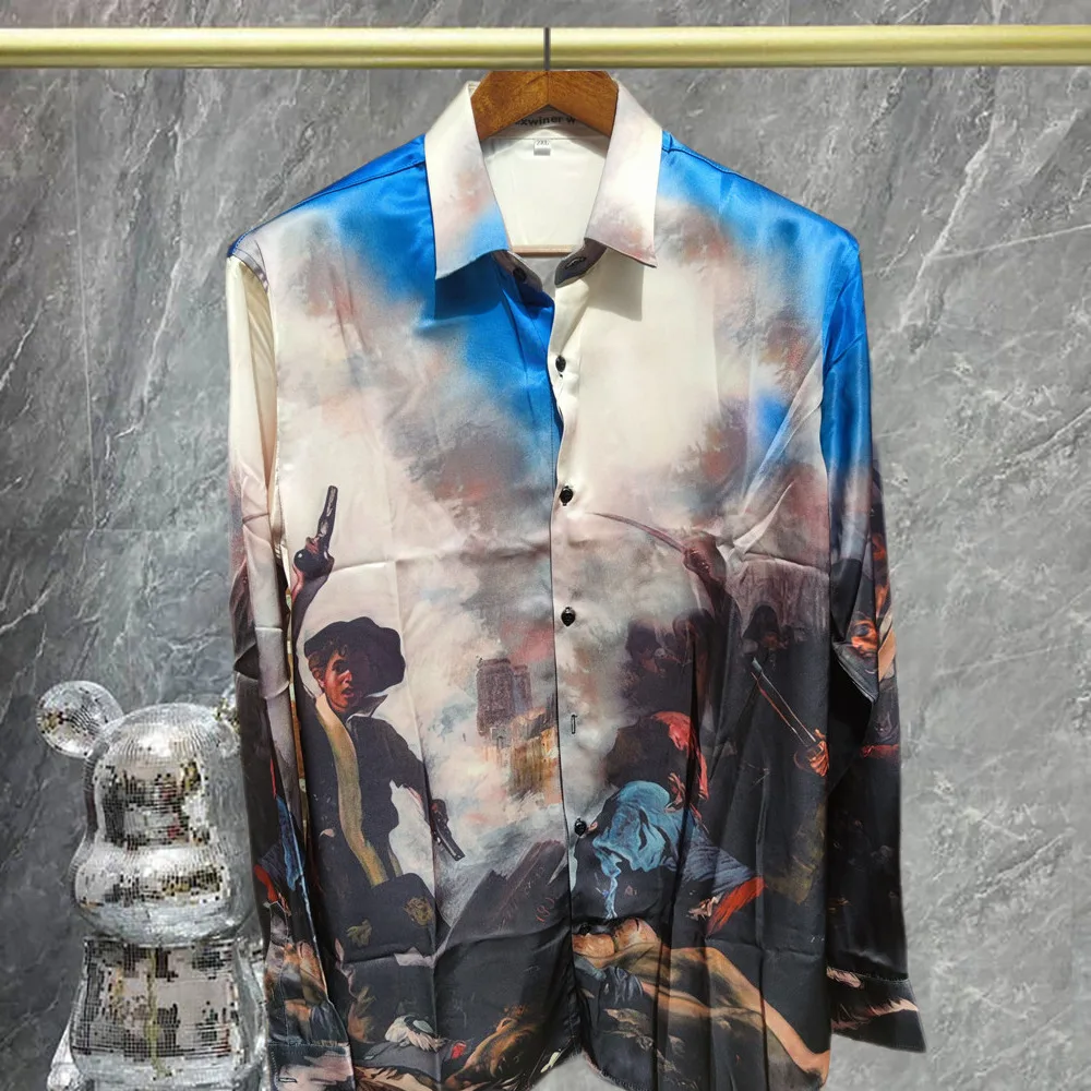 Gradient Abstract Art Print Long Sleeves Top Streetwear Social Shirt Hip Hop Chemise Hawaienne Homme Hawaiian Beach Shirts