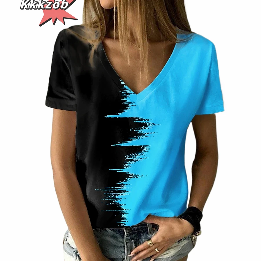 Women\'s T-Shirt Solid Color Gradient 3D Printing V-Neck Women\'s Tops Summer Women\'s Casual Fashion Loose Hundred Short-Sleeved