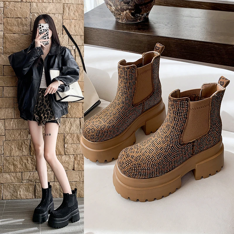 High-ankle Round-toe Rhinestone Slimming Padded Warm-up Fashionable Multi-purpose Comfortable Anti-slip Breathable Women's Boots