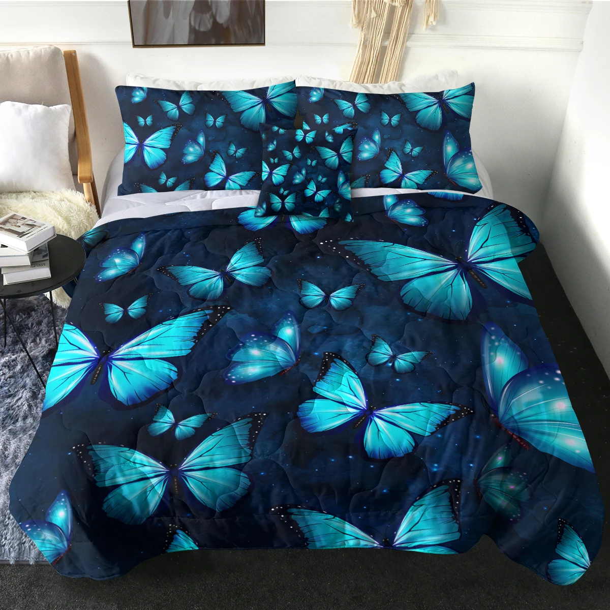 Noctilucent Blue Butterfly Design Comforter Set for Girls and Women Good Gift for Birthday and Christmas Home Decor