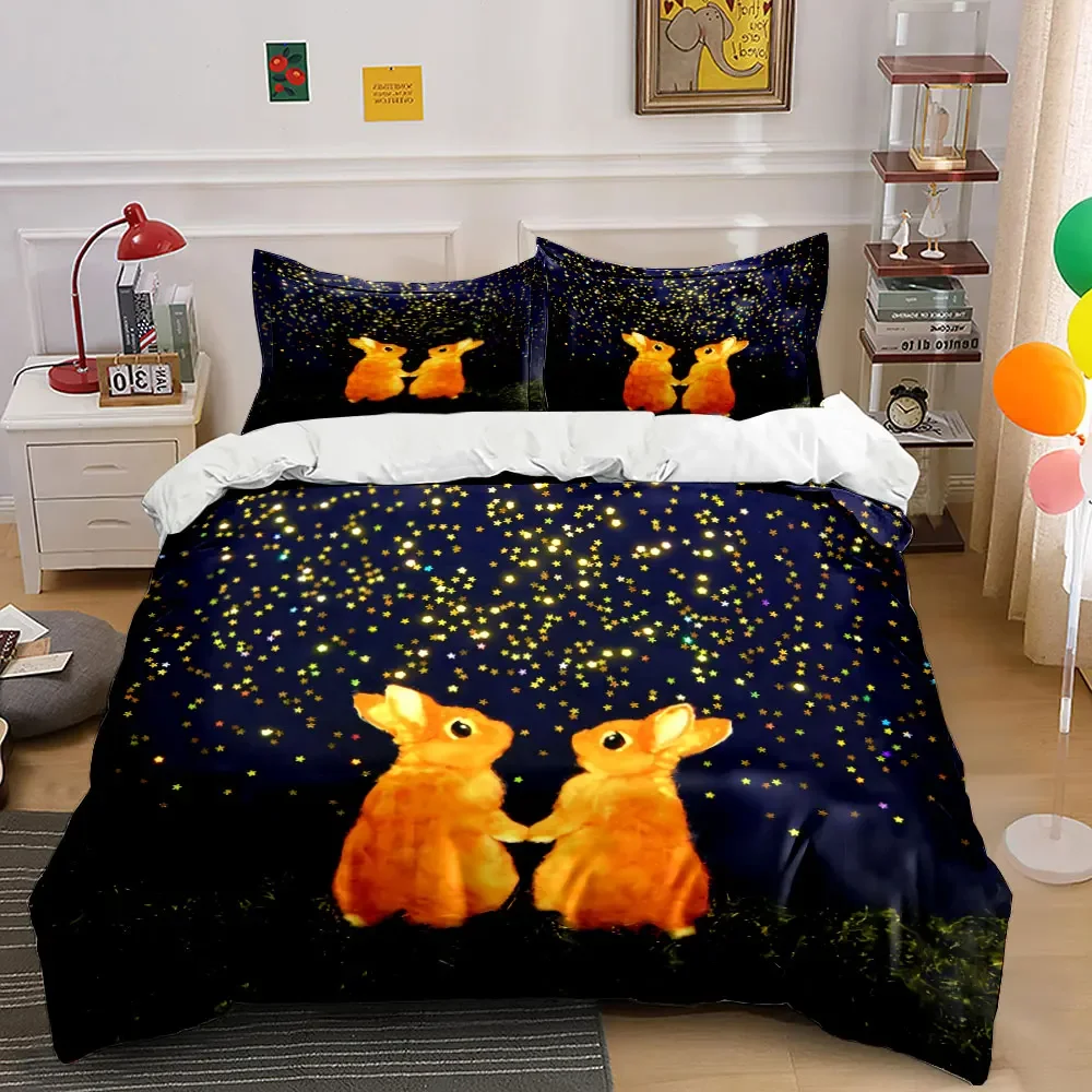 Rabbit Starry Night Decor Set Soft Comfortable Duvet Cover Bedding Set Included 1*Duvet Cover & 2*Pillowcases, gift