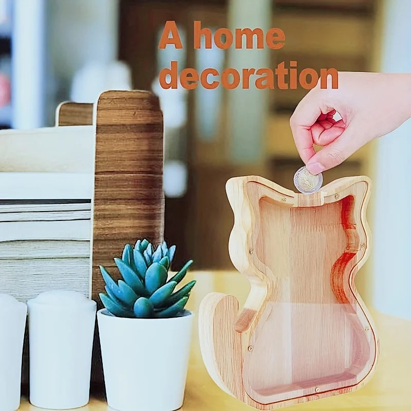 بنك عملات خشبي على شكل قطة مع غطاء زجاجي - هدية فريدة للعطلات وديكور المنزل