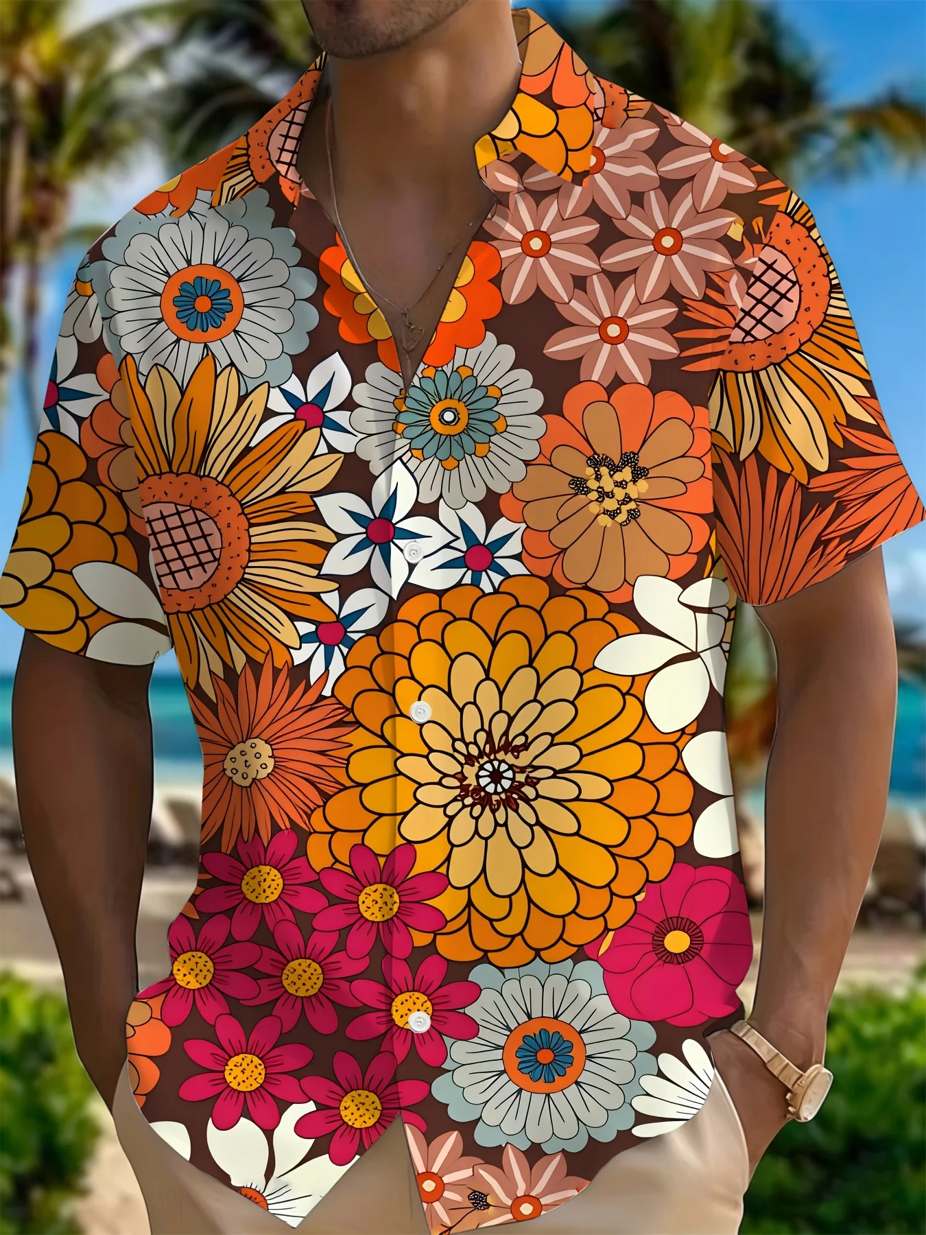 Men's Retro Warm Tone Floral Short Sleeve Shirt Hippie Style Blouse All Over Sunflower Dahlia Print Loose Holiday OutfitsTop