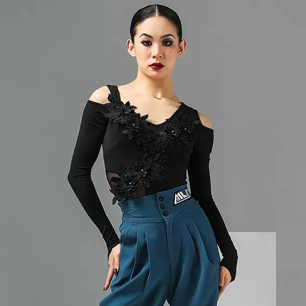 

Female Latin Dance Bodysuit Off-Shoulder Lace Flower Performance Costume ChaCha Dancewear Samba Dancing Practice Wear YS4622
