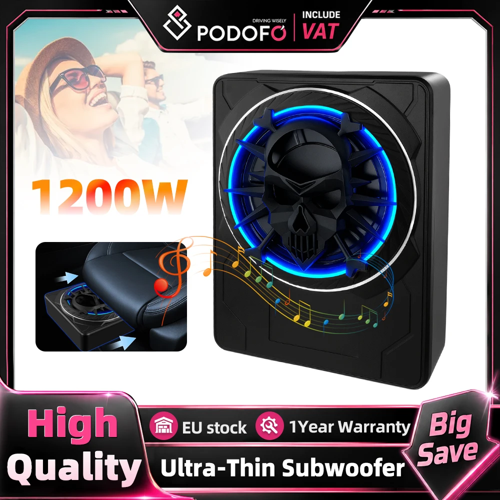 Podofo Vielseitig Einsetzbarer 10-Zoll 1200W Slim-Subwoofer für Unter den Sitz mit Eingebautem Verstärker und Farbiger LED-Ambientebeleuchtung