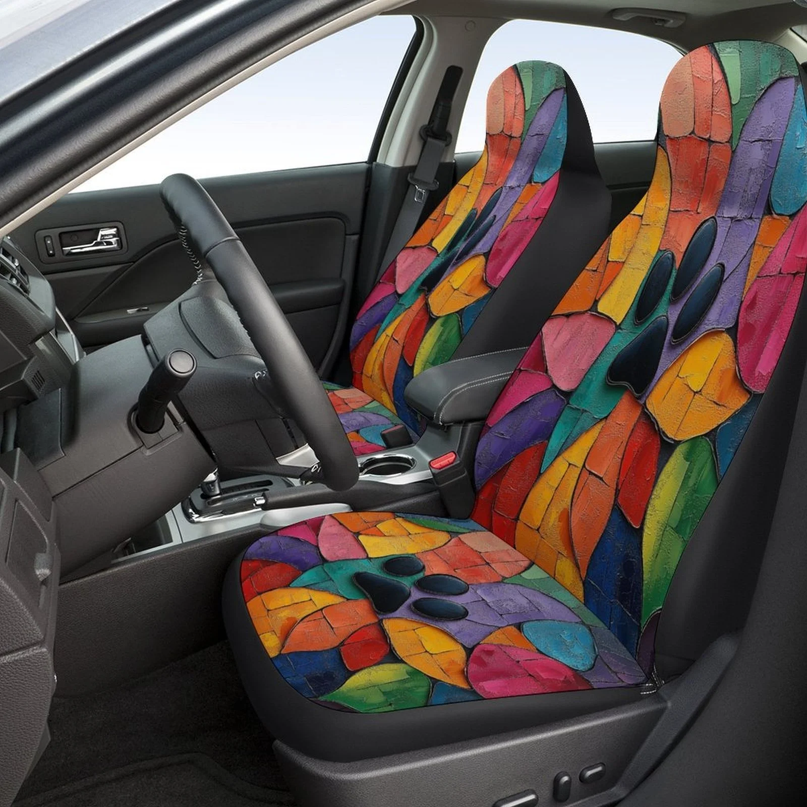 Set Of Car Seat Covers Featuring A Paw Print Mosaic Design, Suitable For Various Vehicles. Stylish And Durable, This Complete Se