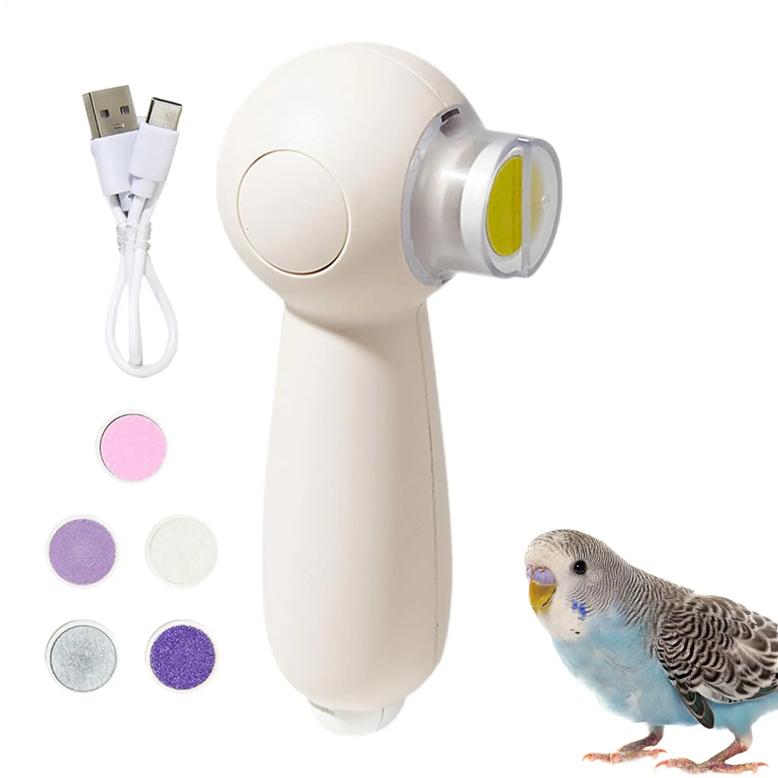 

Parrot Nail Trimmer Rechargeable Noiseless Beak Grinder Multipurpose Bird Care Supplies Nail Trimming Tool with 6 Grinding Heads