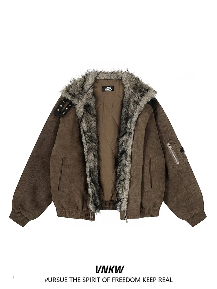 

Retro American Thiened Cotton Jaet with Fur Collar for Men And Women Warm Winter Outerwear Versatile High Quali Couples...