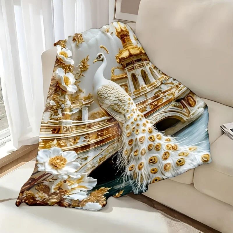 Elegant Peacock Chinese Palace Mural Throw Blanket Decorative Asian Art Print Luxury Soft Plush Cozy Couch Decor