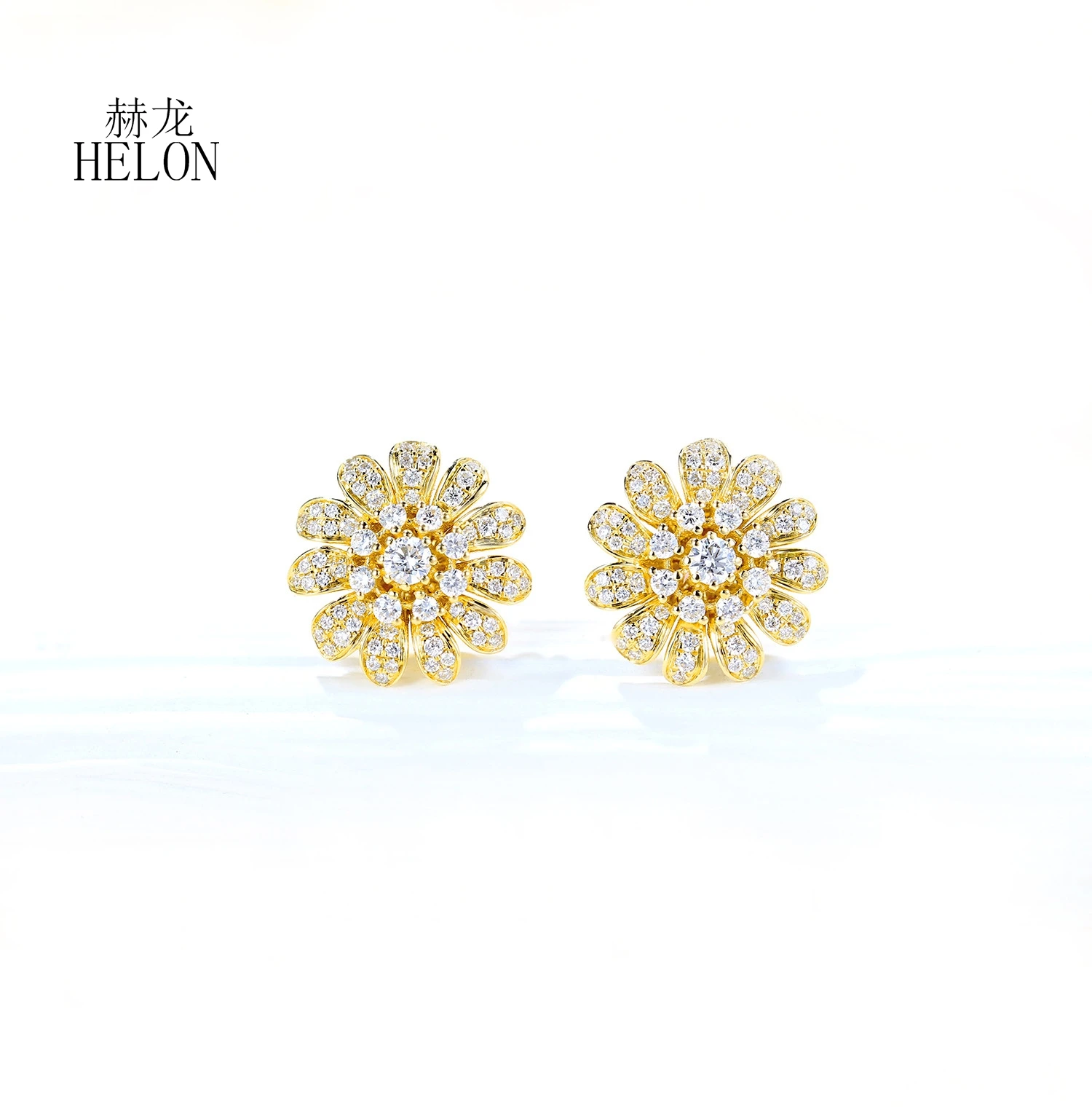 HELON Solid 14K Yellow Gold 0.5ct Natural Diamonds Stud Earrings Women's Daisy Series Exquisite Flower Real Diamond Fine Jewelry