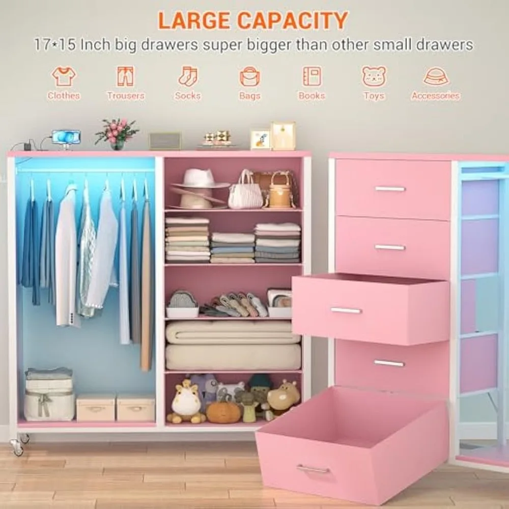 Cómoda de dormitorio con perchero, espejo, 5 cajones de tela, estación de carga, luces LED y función rodante
