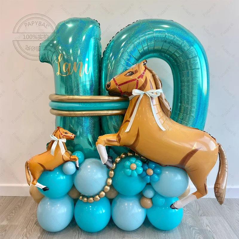 37-teiliges großes Ballon-Set mit Rennpferd-Motiv und 32 Zoll 1-9 grünem Zahlenballon für Kindergeburtstag, Western-Cowboy-Partyzubehör