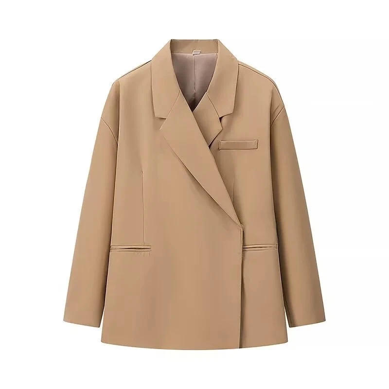 Elegancka damska marynarka z ukrytymi guzikami, luźnym krojem, jednolitym kolorem, klapami, rozcięciami po bokach i długimi rękawami, styl high street, odzież wierzchnia 2024.