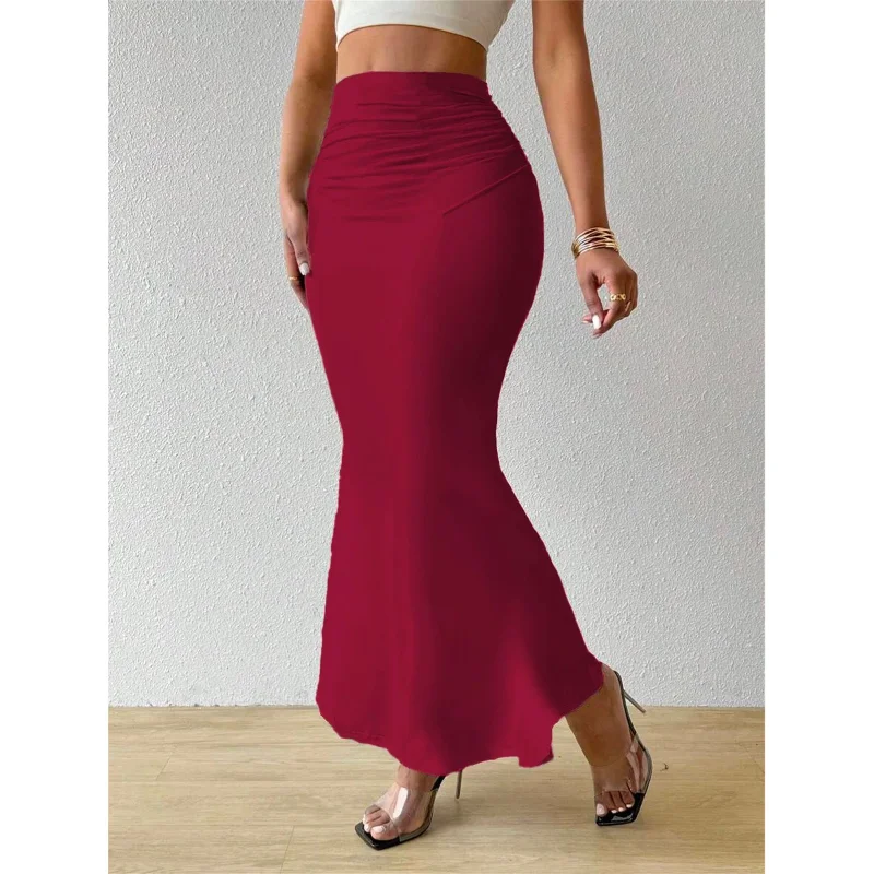 Elegant Fish Tail Half Skirt Women's Wine Red Slimming Loose Style Casual Polyester Fiber A-Line Skirt mid Waist Design