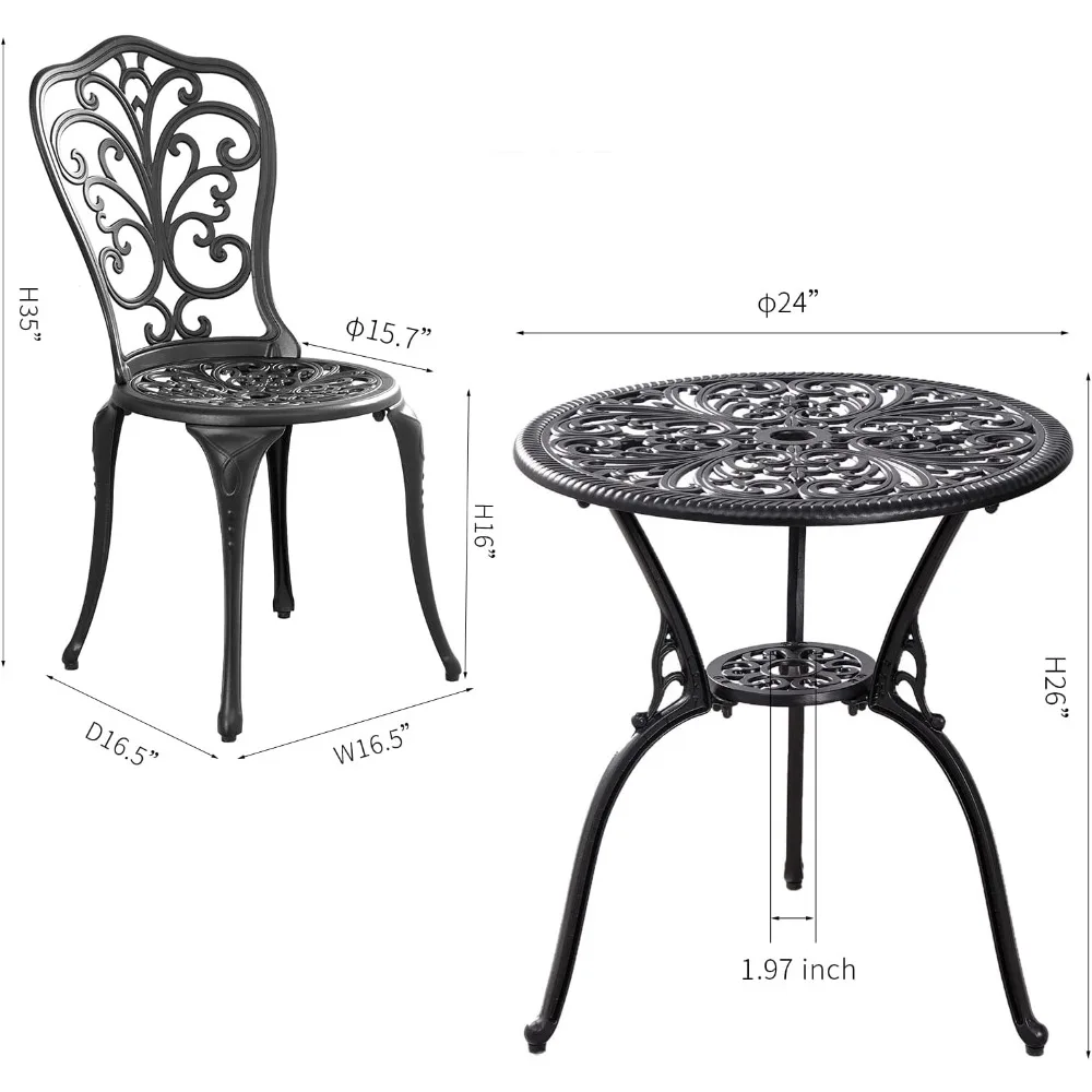 طقم فناء بيسترو مكون من 3 قطع للاستخدام الخارجي، طاولة بيسترو خارجية من الألومنيوم المصبوب ومجموعة كراسي مكونة من قطعتين مع فتحة مظلة مقاس 1.97 بوصة، صدر لجميع الأحوال الجوية