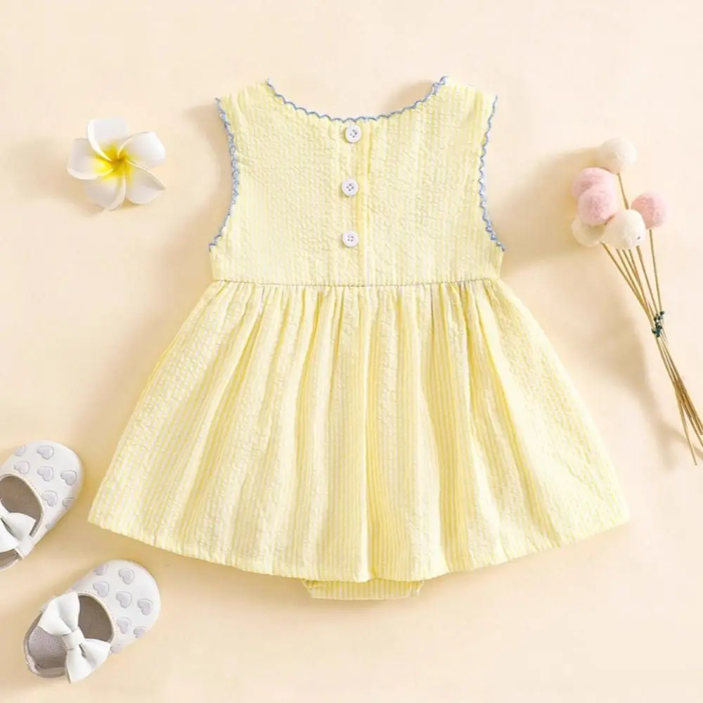 Sleeveless Design Baby Girl Romper Dress Yellow Gingham Duck Print Princess Dress Floral Embroidery Cotton Material
