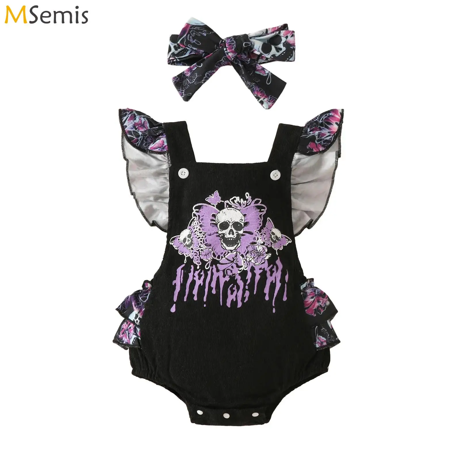 Halloween Romper Jumpsuit Skull Butterfly Bones Kid Costume Flying Sleeve Bat Romper Suit with Headband 2Pcs Clothes Set