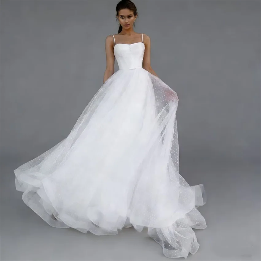 

Customized Simple Boho A-line Lace Tulle Wedding Dress Spaghetti strap Elegant Bride Dresses Long Bridal Gowns vestidos de novia