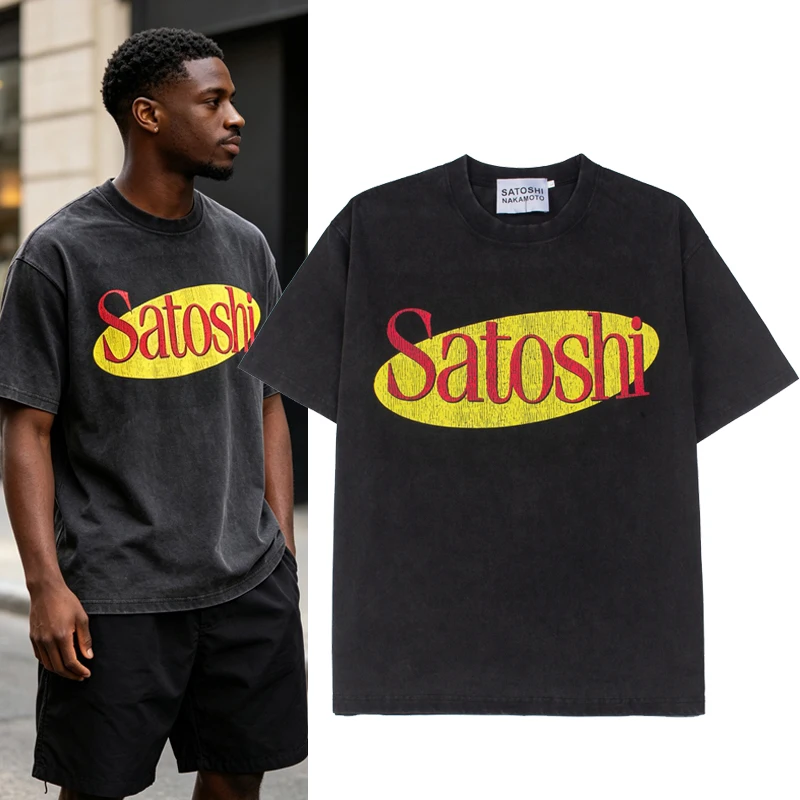 Summer fashion brand SATOSHI oval contrasting letter print pure cotton T-shirt loose casual retro distressed hole Tee top