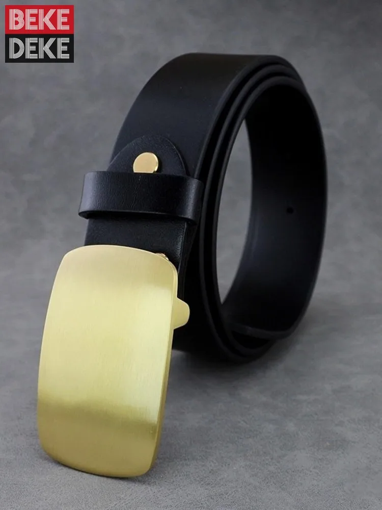 Fashion Mens Solid Brass Buckle Cowhide Genuine Leather Belt Width 3.8cm Strap For Pants Casual Waistband Real Leather Belts