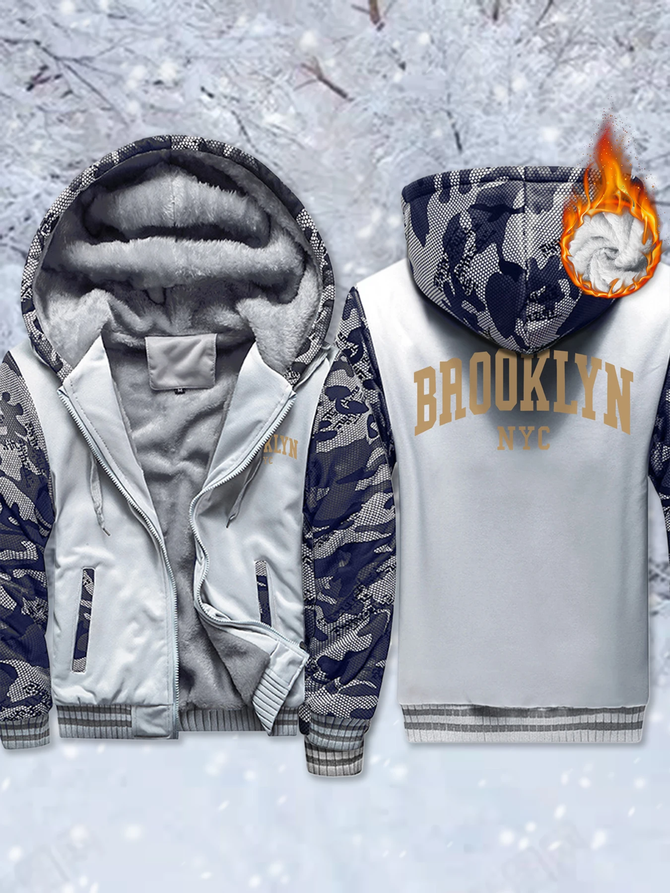 

Brooklyn Nyc Letter Prints Thicken Winter Jackets Mens Comfy Zip-Up Coat Warm Basics Oversized Hoodie Fleece Pocket Outwear