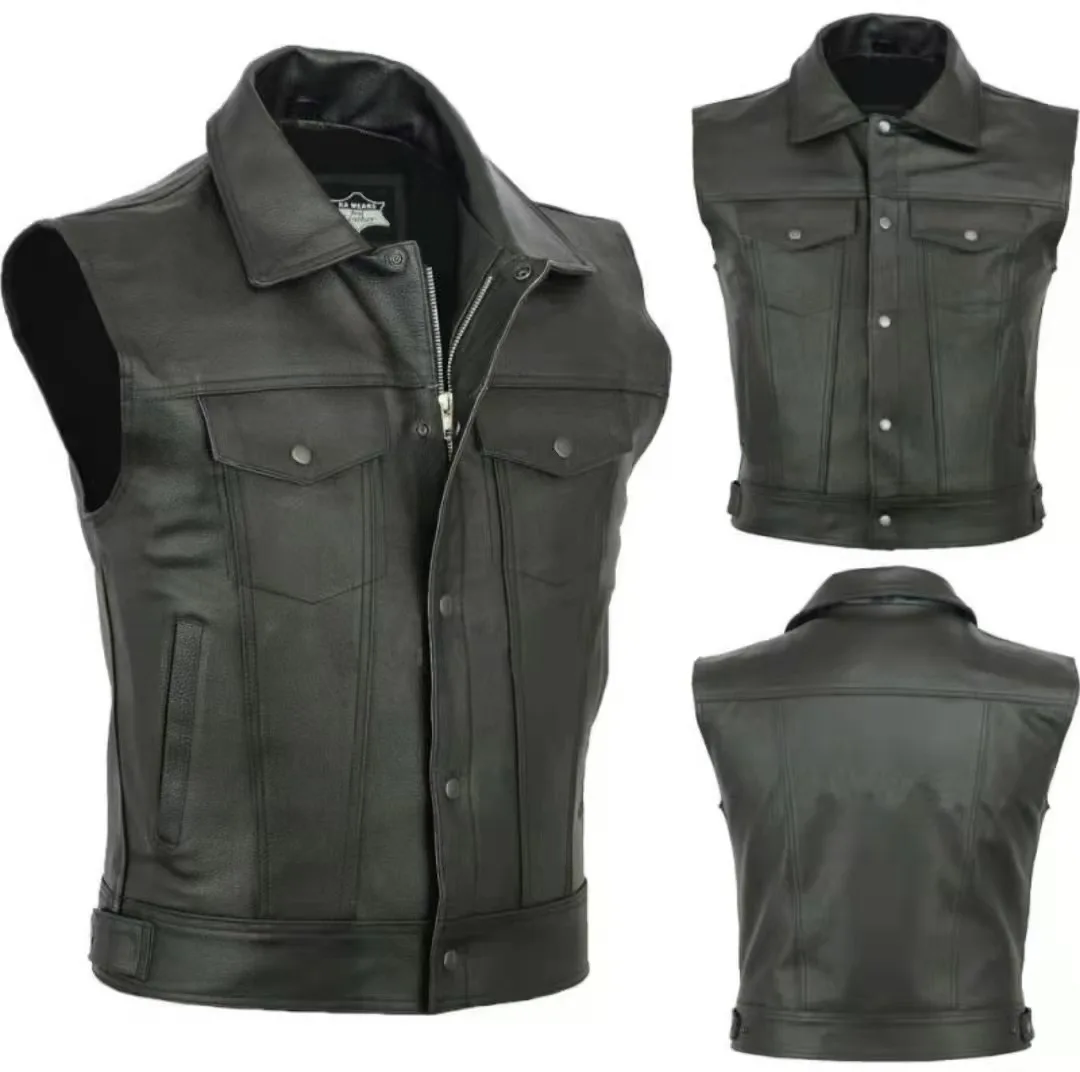 High quality 2024 new solid color vest, motorcycle leather jacket, standing collar leather vest, racing team punk camisole