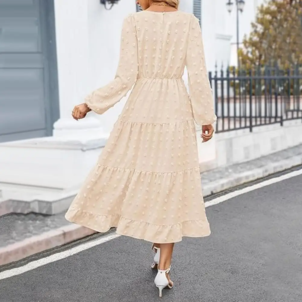 

Dot Design Dress Elegant A-line Midi Dress with Lantern Sleeves Dot Applique Detail for Fall Winter Women's Fashion Bohemian