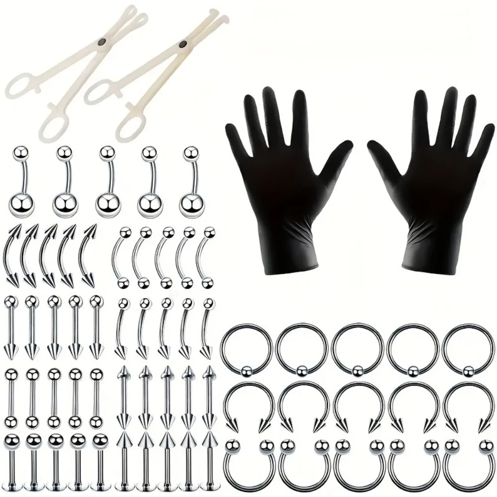 84pcs Body Septum Piercing Kit Tools For Nose Tongue Lip Ear Eyebrow Belly Button Cartilage Tragus Industrial Piercing Jewelry