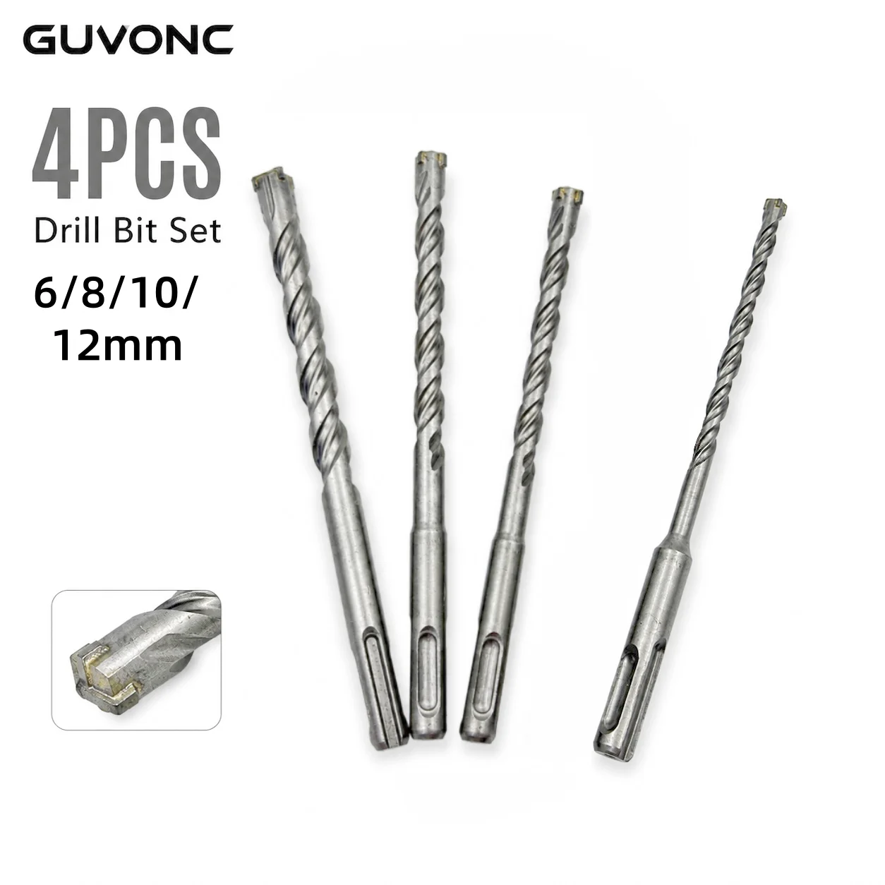 4PCS SDS Plus Hammer Drill Bit Set, HSS Body with Tungsten Carbide Cross Tip, 6/8/10/12mm for Concrete Masonry Drilling