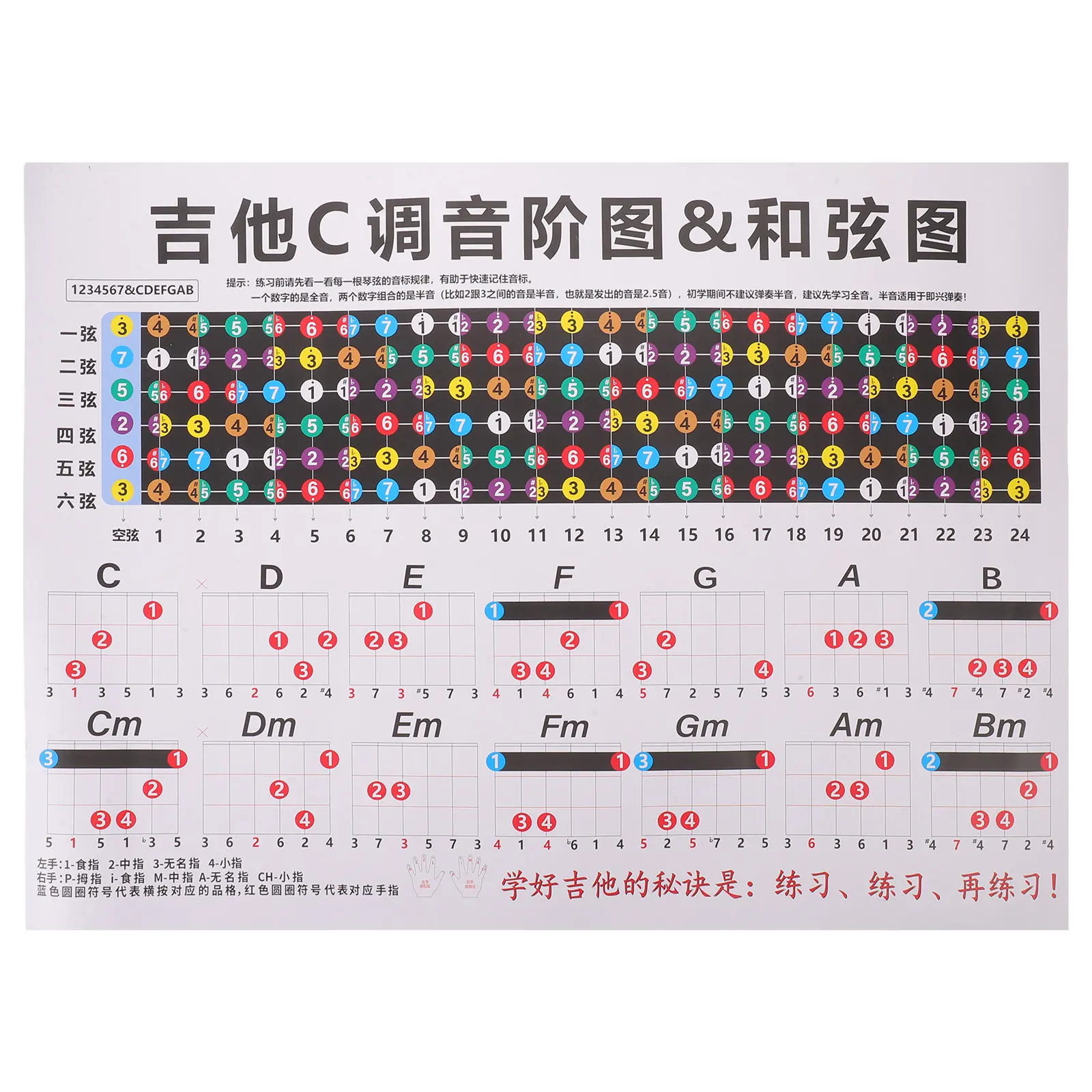 1Sheet Guitar Chord Chart for Beginners Acoustic Electric Classical Guitars Major Scales Finger Guide Practice Tool Music Theory