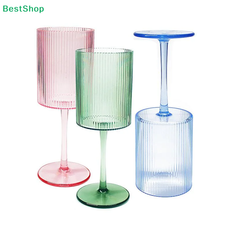 ☪Plastic Colored Ribbed Wine Glasses, Vertical Striped Tall Stemmed Cocktail Glass for Party Wedding Bar