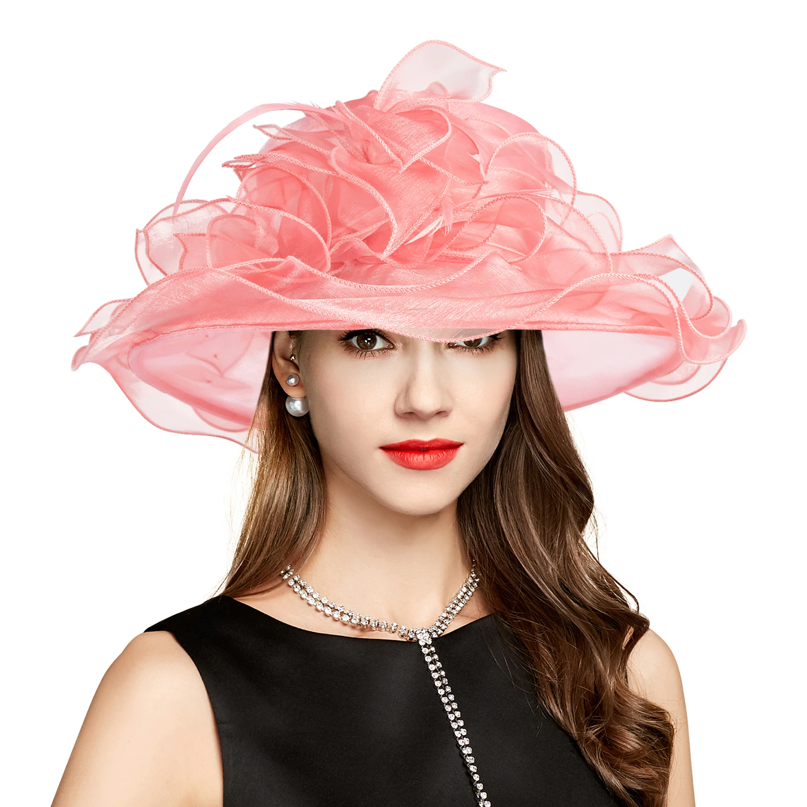 2024 New Pink Organza Derby Hat for Women Luxury Women's Cap with Feathers Stylish Sun Beach Hat for Fashionable Dress Hat 3189