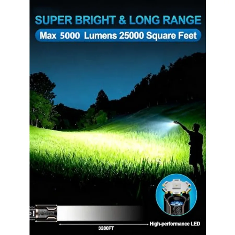 5000 Lumens Rechargeable Flashlight, Tactical LED Flashlight High Lumens with Ignition Lens, 6 Modes Zoomable Waterproof Flash