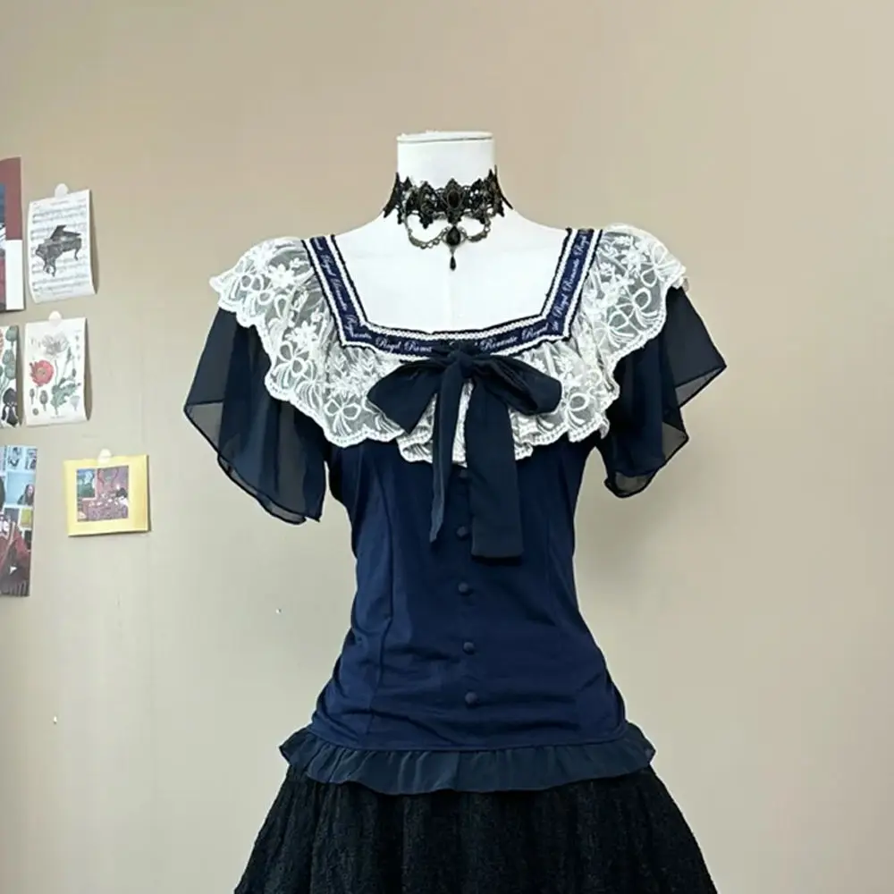 مجموعة كلاسيكية مكونة من قطعتين من الدانتيل Y2k فساتين نسائية بفيونكة ورقبة مربعة على الطراز القوطي الشرير Harajuku ثوب كوري 2000s Emo Grunge Lolita Kawaii