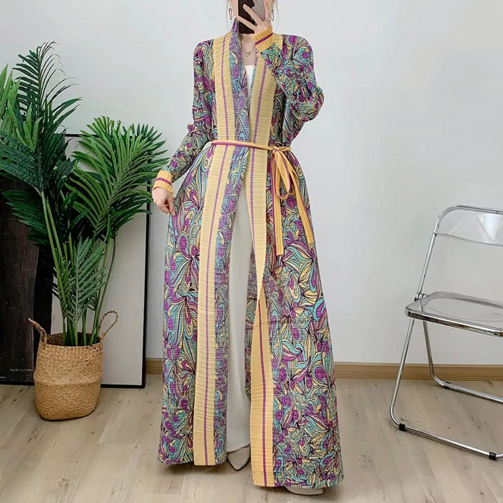 

2024 New abaya pleated print robe belt Middle East Dubai elegant cardigan outerwear