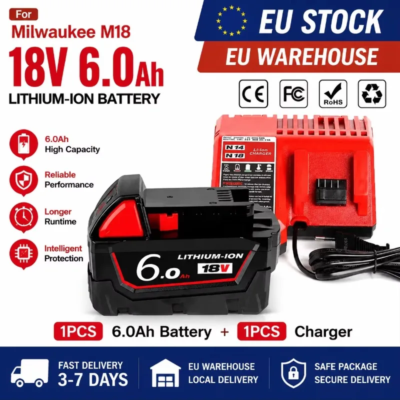Hochleistungs-18V-18650-Lithiumbatterie, kompatibel mit Milwaukee M18 48-11-1860 / 48-11-1850 / 48-11-1840 – Lieferung aus EU-Lager