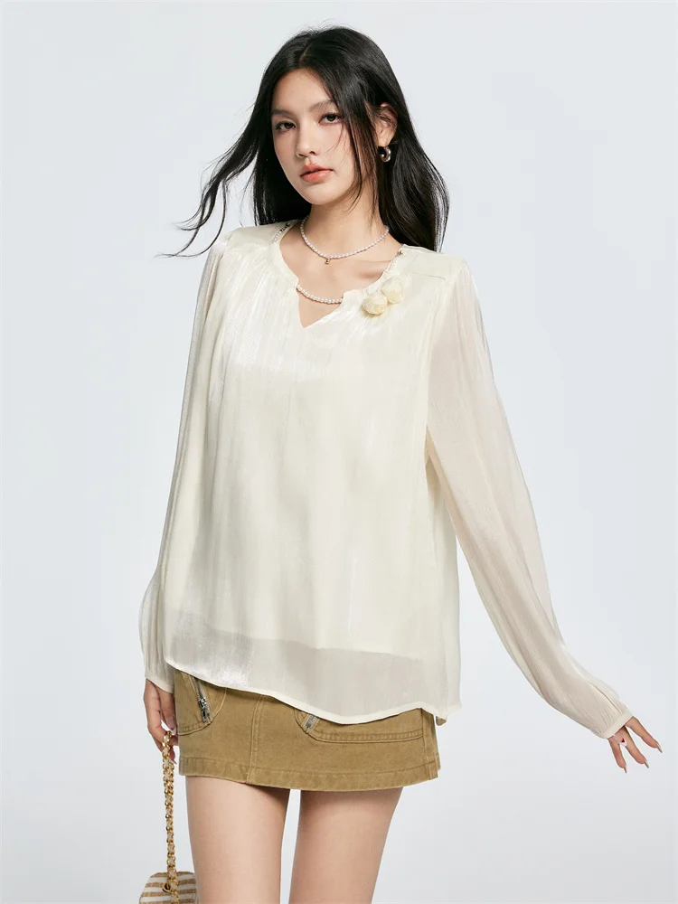 

Chill Zoe Pearl Collar Floral Long Sve Women's Top Summer New Faion round Ne Lace irt Polyester Fiber 00%