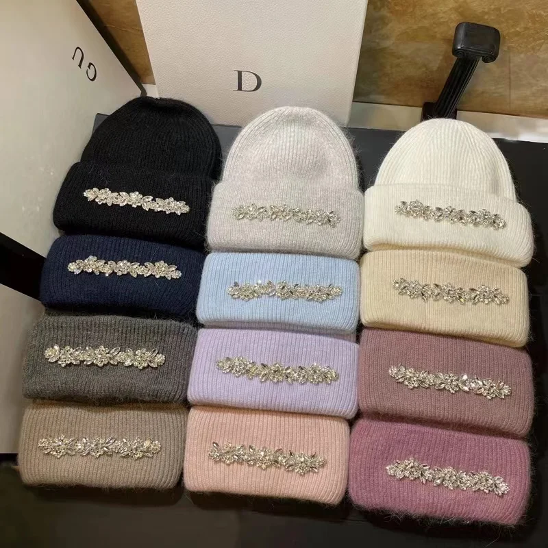 2024New Fashion Women Winter Hat Real Rabbit Fur Knitted Beanie Caps Diamonds Flower Lady Casual Hats Warm Wool Skullies Beanies